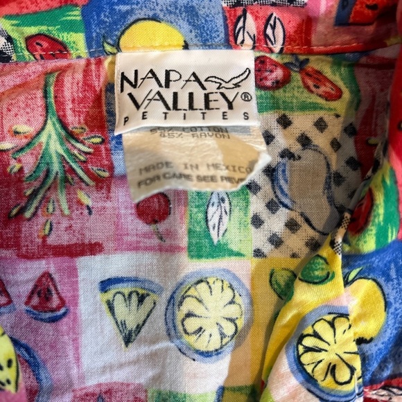 90s Napa Valley Fruit Print Button Up Top Shoulder Pad Retro Melon Pear Shirt PM - Picture 4 of 6